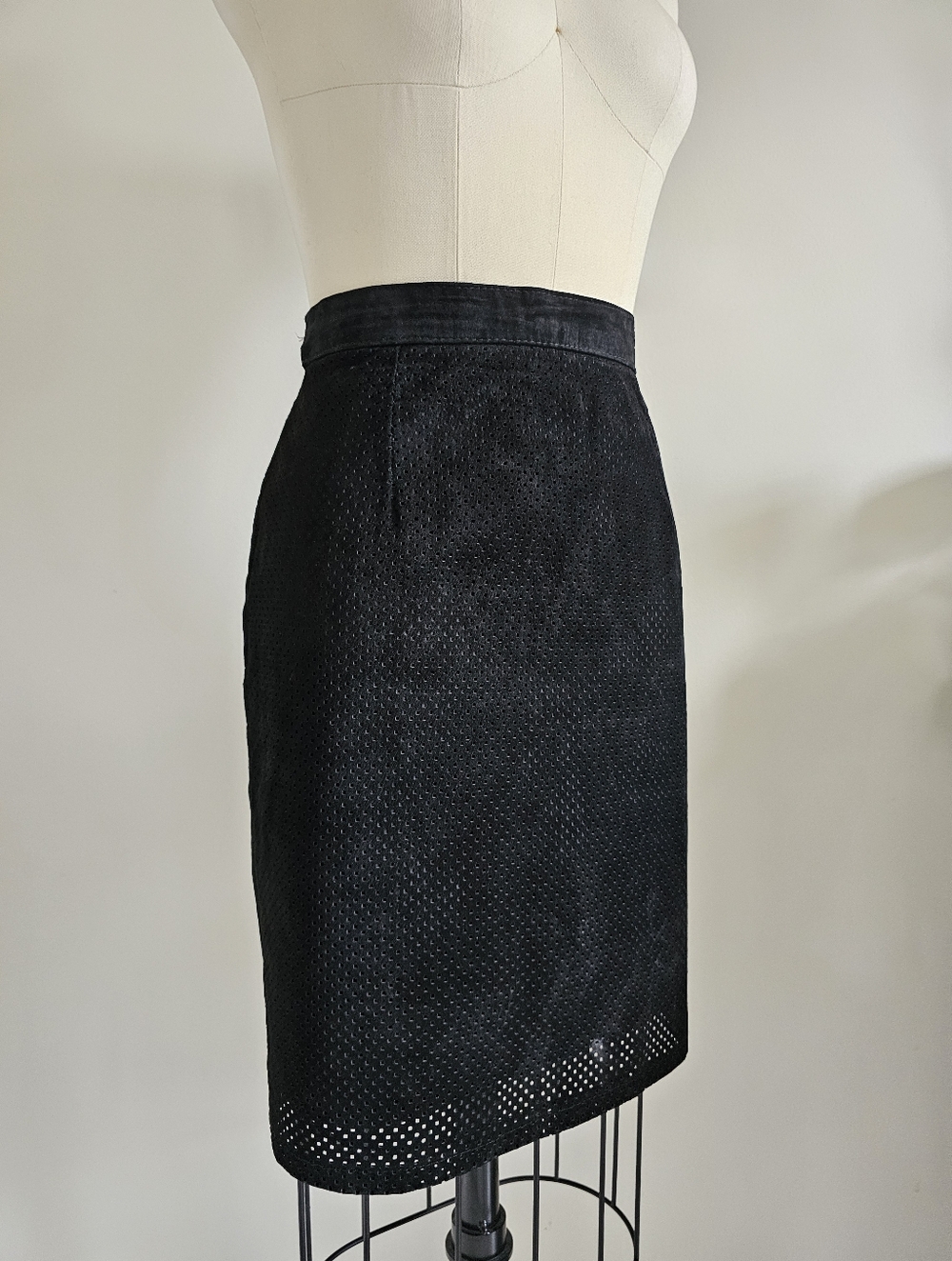 VINTAGE Daniel Hechter perforated black suede midi pencil skirt